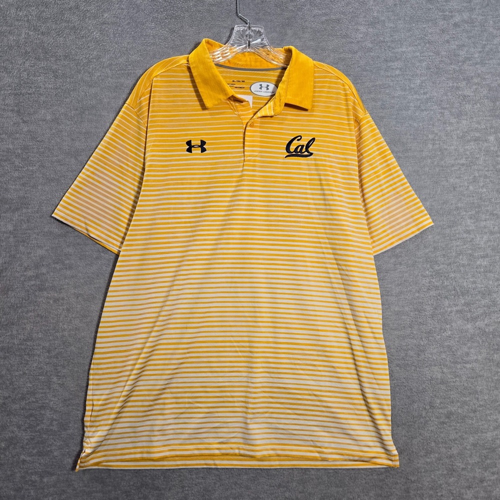 California Golden Bears Men Polo Shirt XL Yellow Striped Under Armour Collar